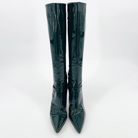 Retro Jimmy Choo Bottle Green Patent Leather Knee High Pointed Toe Boot IT 38.5 - Picture 3 of 10